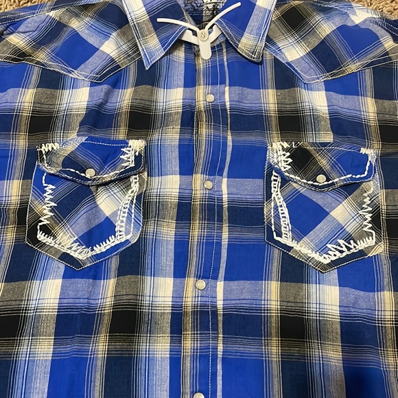 Ely 1878 Blue Pearl Snap Button Front Mens XL Blue Plaid Thick Stitching Graphic - Picture 6 of 11